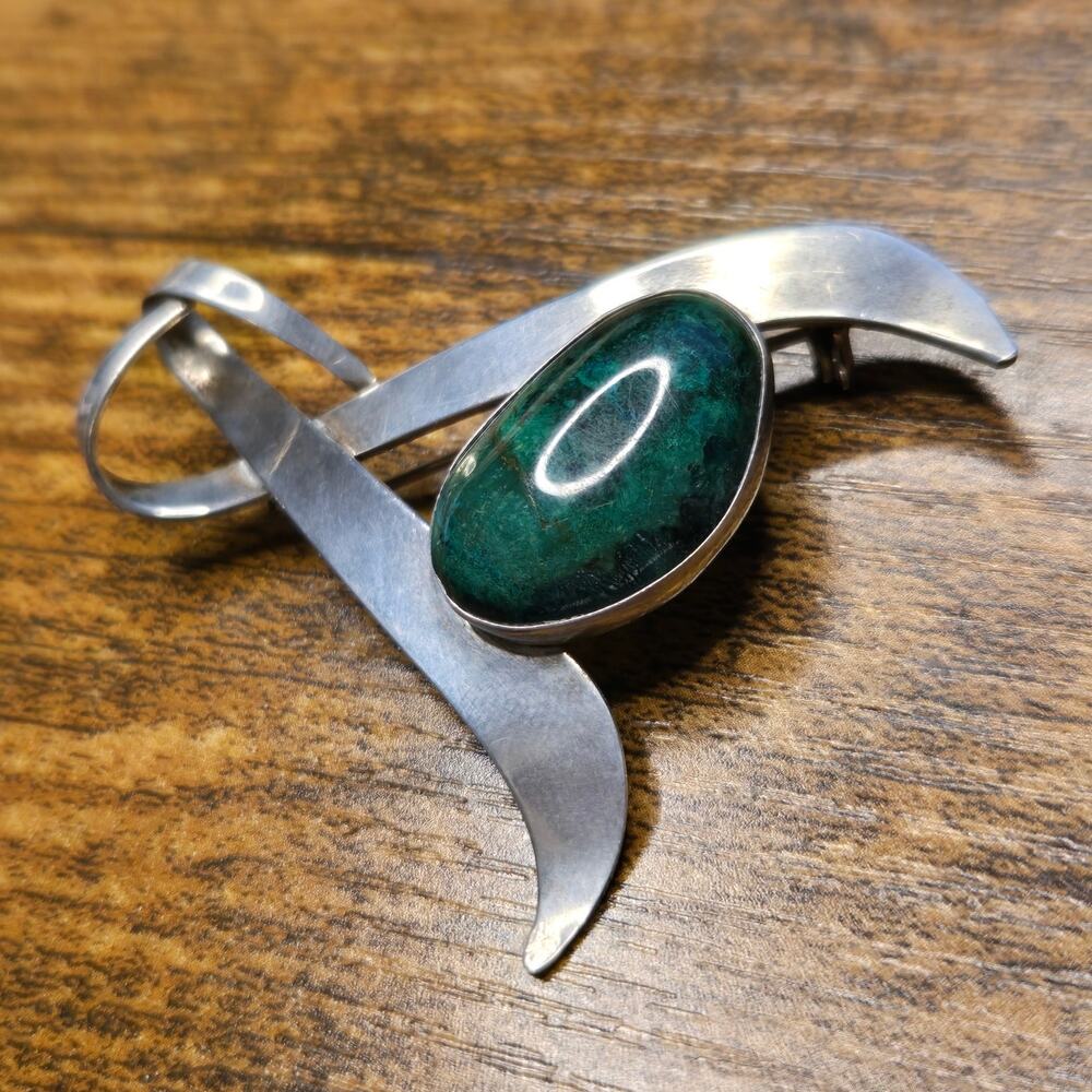 Vintage Israeli Sterling Silver Eilat Stone Modernist Brooch Pin 925 Israel